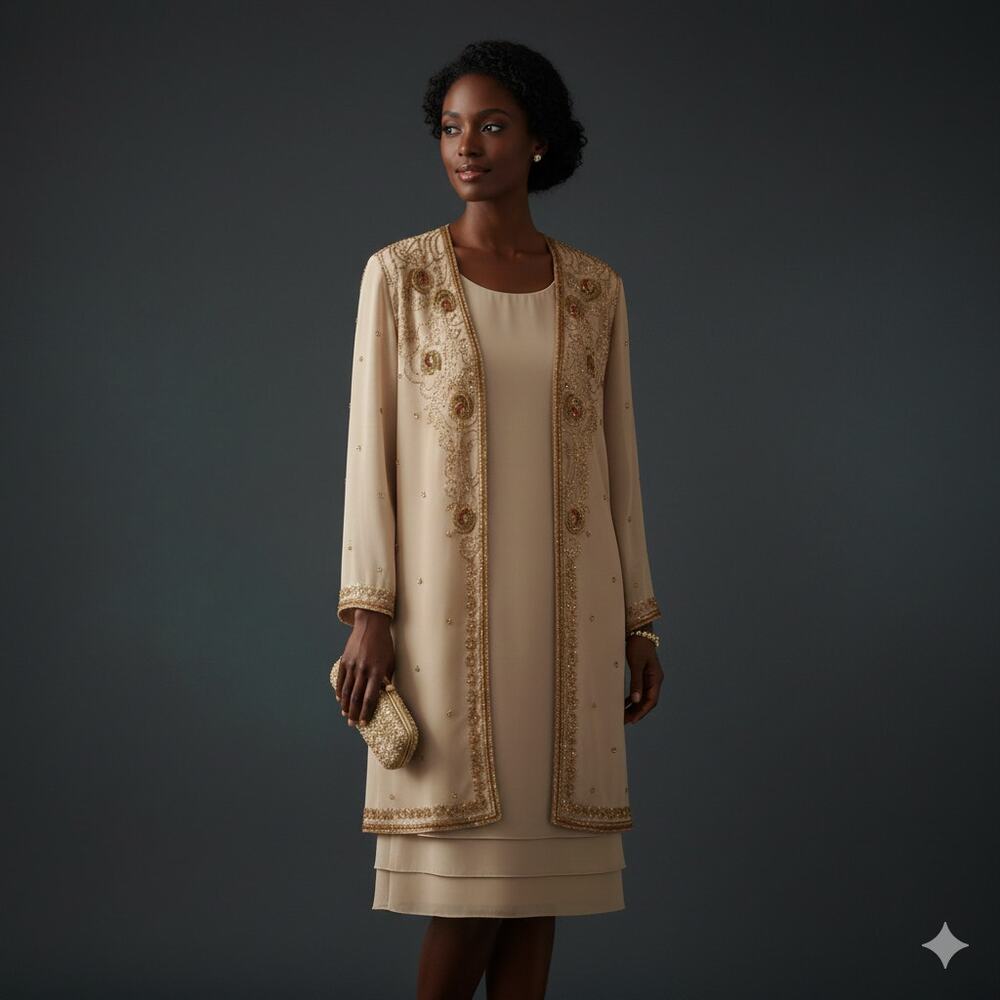 Vintage Jack Bryan Beaded Chiffon Dress & Jacket Set Size 14 90s Formal Regency